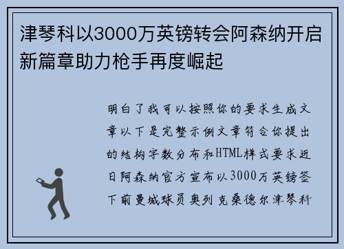 津琴科以3000万英镑转会阿森纳开启新篇章助力枪手再度崛起