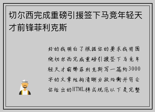 切尔西完成重磅引援签下马竞年轻天才前锋菲利克斯